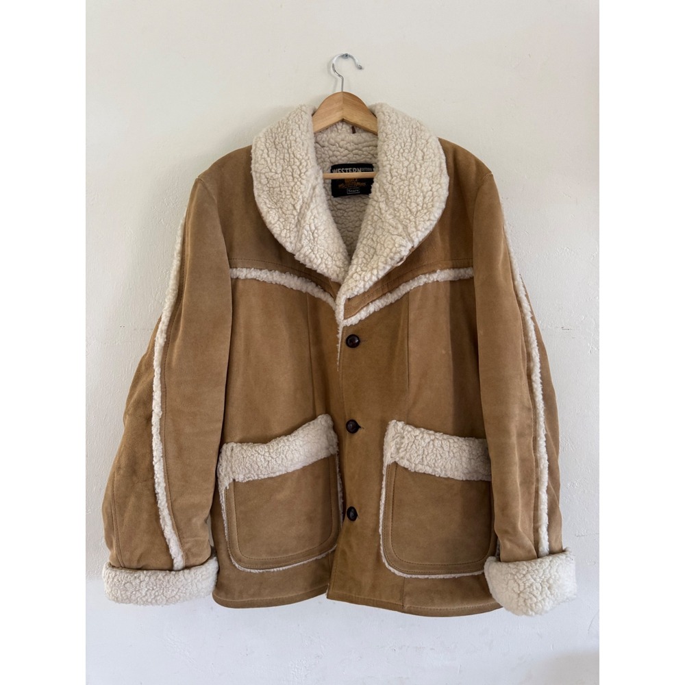 Vintage Sears Western Outdoor Wear Tan Suede Shearling Rancher Jacket Mens Large